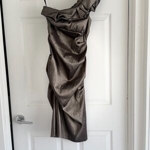 Xscape One Shoulder Metallic Brown Dress